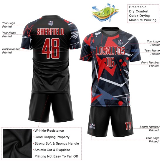 Uniforme de fútbol sublimado personalizado, camiseta roja y blanca, color negro Uniforme de fútbol sublimado personalizado, camiseta roja y blanca, color negro
