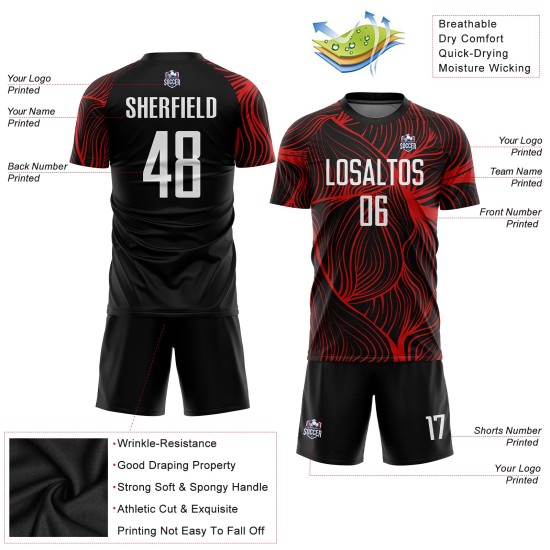 Uniforme de fútbol personalizado sublimado blanco y rojo, camiseta negra Uniforme de fútbol personalizado sublimado blanco y rojo, camiseta negra