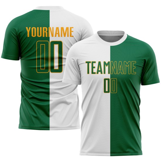 Uniforme de sublimación, camiseta blanca de fútbol dividida, personalizada, moda Kelly verde-dorado Uniforme de sublimación, camiseta blanca de fútbol dividida, personalizada, moda Kelly verde-dorado