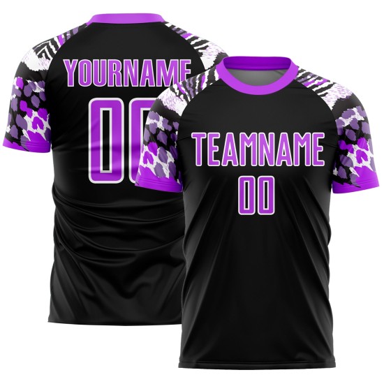 Camiseta de fútbol personalizada con estampado de animales, color morado y blanco, sublimación, color negro Camiseta de fútbol personalizada con estampado de animales, color morado y blanco, sublimación, color negro