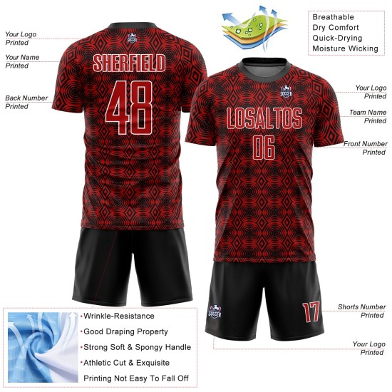 Camiseta de fútbol con diseño geométrico, color blanco y negro, personalizada, sublimación, roja Camiseta de fútbol con diseño geométrico, color blanco y negro, personalizada, sublimación, roja
