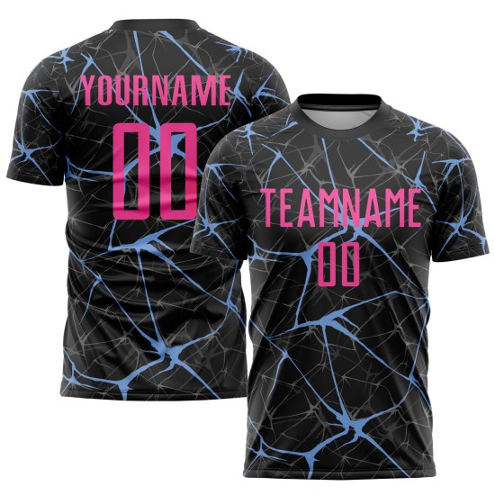 Camiseta de uniforme de fútbol negra sublimada rosa-azul claro personalizada Camiseta de uniforme de fútbol negra sublimada rosa-azul claro personalizada