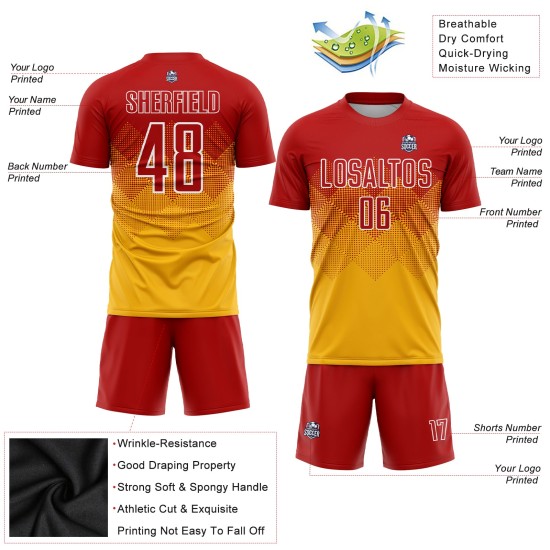 Camiseta de fútbol personalizada sublimada en dorado, rojo y blanco Camiseta de fútbol personalizada sublimada en dorado, rojo y blanco