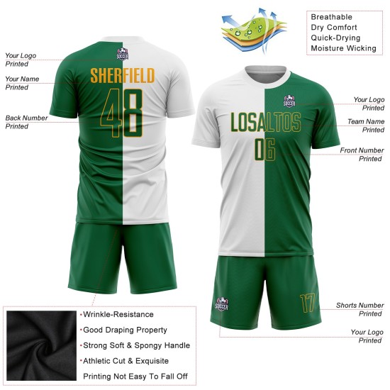 Uniforme de sublimación, camiseta blanca de fútbol dividida, personalizada, moda Kelly verde-dorado Uniforme de sublimación, camiseta blanca de fútbol dividida, personalizada, moda Kelly verde-dorado