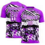 Camiseta de fútbol con estampado morado, blanco y negro, personalizada, sublimación Camiseta de fútbol con estampado morado, blanco y negro, personalizada, sublimación
