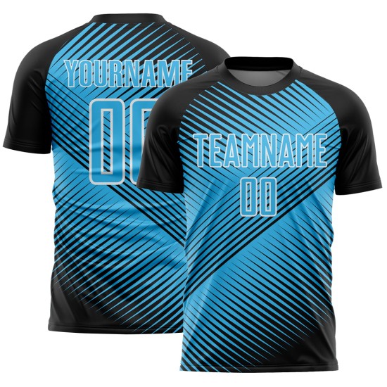 Camiseta de fútbol personalizada azul-blanca de línea de sublimación negra, uniforme Sky Camiseta de fútbol personalizada azul-blanca de línea de sublimación negra, uniforme Sky