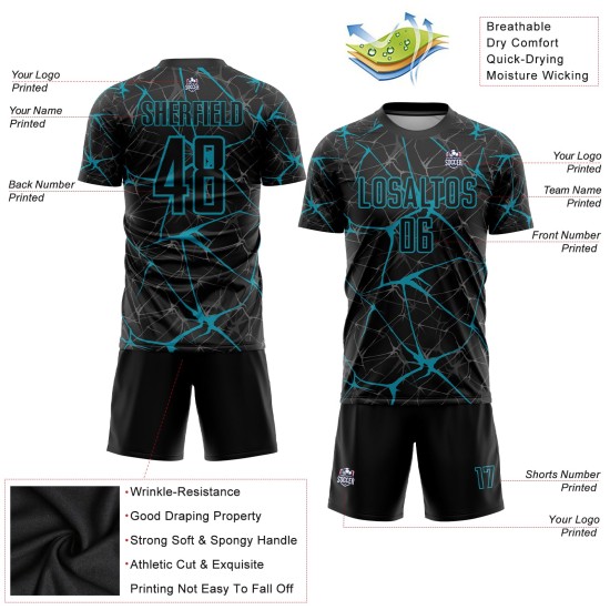 Camiseta de fútbol personalizada de sublimación en color verde azulado y negro Camiseta de fútbol personalizada de sublimación en color verde azulado y negro