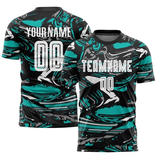 Camiseta Uniforme Blanco-Aqua Sublimación Figura Fútbol Personalizada