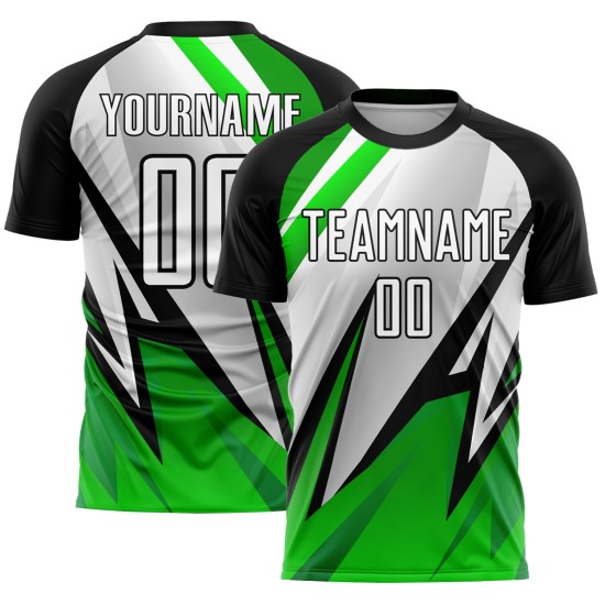 Uniforme de fútbol negro personalizado, camiseta blanca y verde Aurora sublimada Uniforme de fútbol negro personalizado, camiseta blanca y verde Aurora sublimada