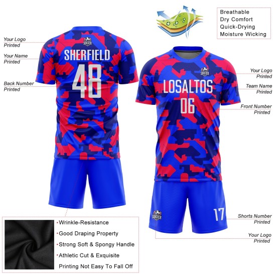 Servicio de uniformes personalizados, camiseta de fútbol blanca y real, sublimación de camuflaje Servicio de uniformes personalizados, camiseta de fútbol blanca y real, sublimación de camuflaje