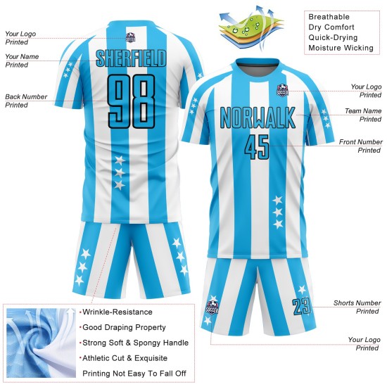 Uniforme de fútbol personalizado Sky And Stars con cuadros azul y negro, sublimación, camiseta blanca Uniforme de fútbol personalizado Sky And Stars con cuadros azul y negro, sublimación, camiseta blanca