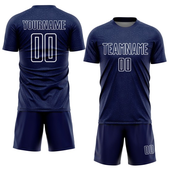 Camiseta de fútbol personalizada con diseño geométrico de sublimación en color azul marino y blanco. Camiseta de fútbol personalizada con diseño geométrico de sublimación en color azul marino y blanco.