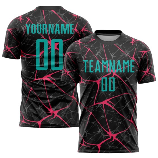 Camiseta de fútbol personalizada de sublimación, color rosa y negro, color agua-neón Camiseta de fútbol personalizada de sublimación, color rosa y negro, color agua-neón