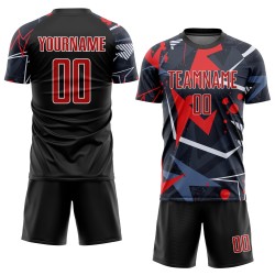 Uniforme de fútbol sublimado personalizado, camiseta roja y blanca, color negro Uniforme de fútbol sublimado personalizado, camiseta roja y blanca, color negro