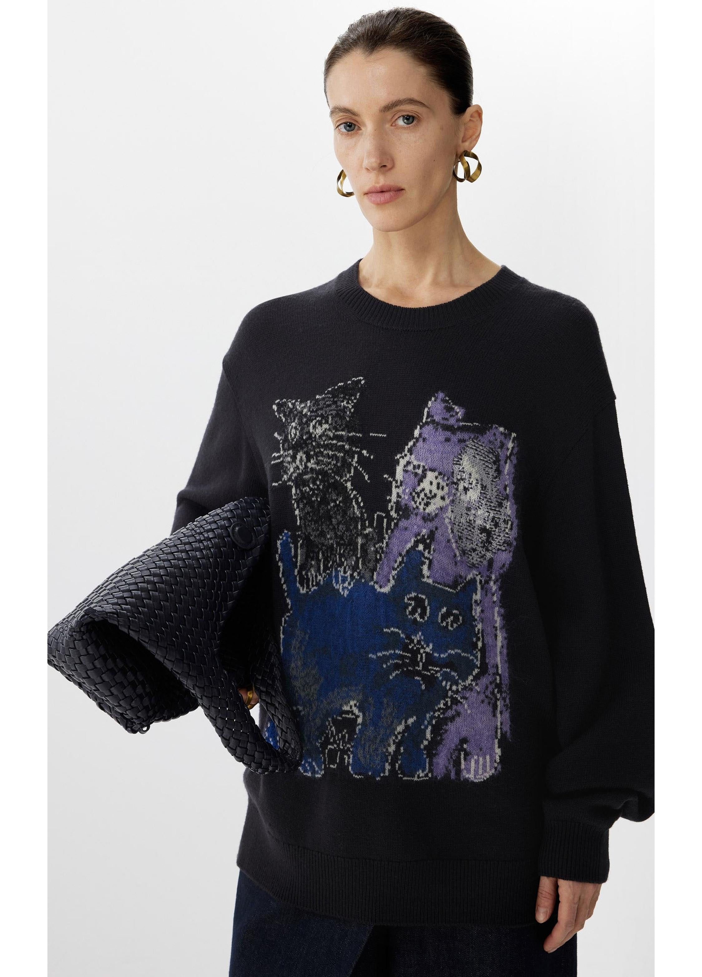 Suéter holgado de manga larga con estampado de gato