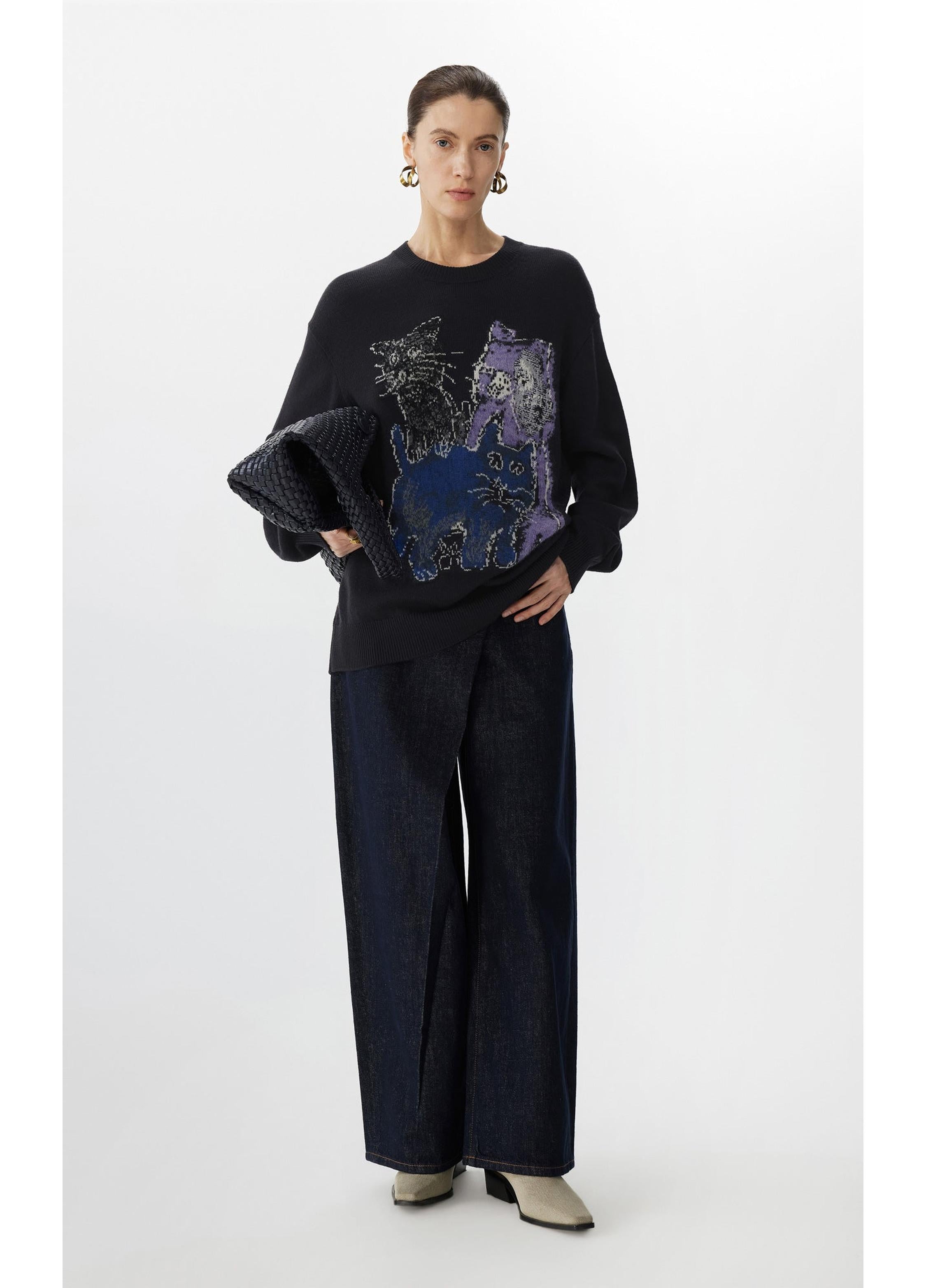 Suéter holgado de manga larga con estampado de gato